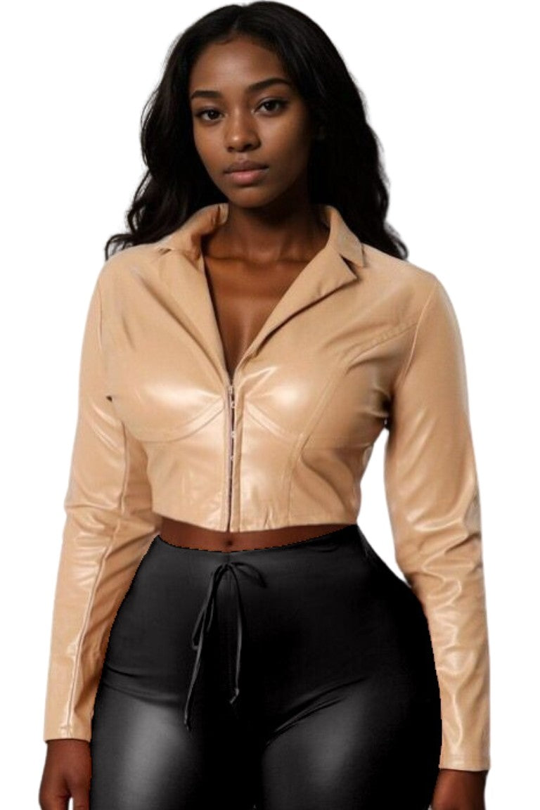 FAUX LEATHER LONG SLEEVE WITH A CORSET STYLE TOP