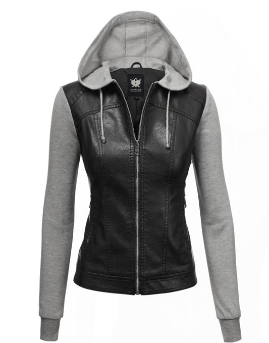 FAUX LEATHER SWEATER SLEEVE JACKET